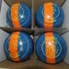 Set of 4 Henselite Dreamline XG Size 4 Heavy lawn bowls in blue and orange speckle.