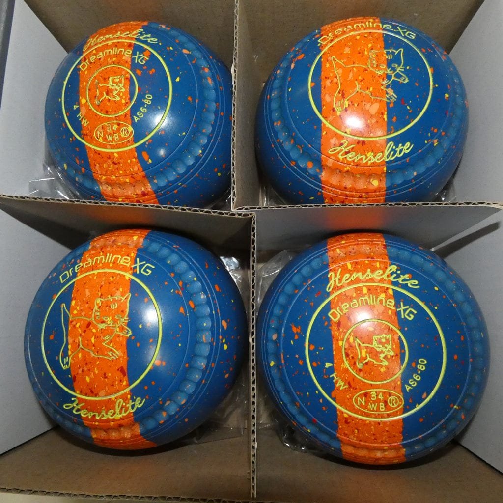 Set of 4 Henselite Dreamline XG Size 4 Heavy lawn bowls in blue and orange speckle.