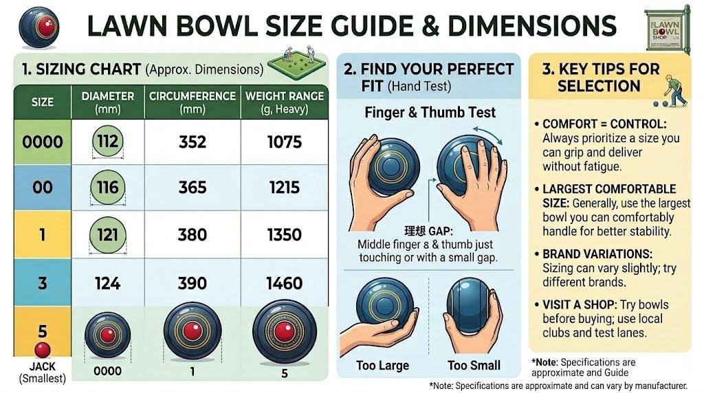 Lawn bowls size guide chart showing bowl sizes, diameter, circumference, weight and hand fit test