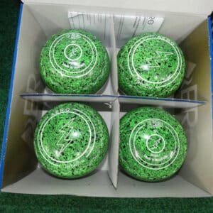 Complete set of four Aero TurboPro Moss Size 3H lawn bowls in original packaging.