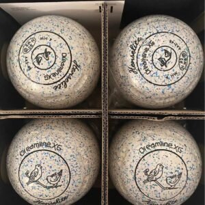 Overhead close-up of four Henselite Dreamline XG bowls inside their box